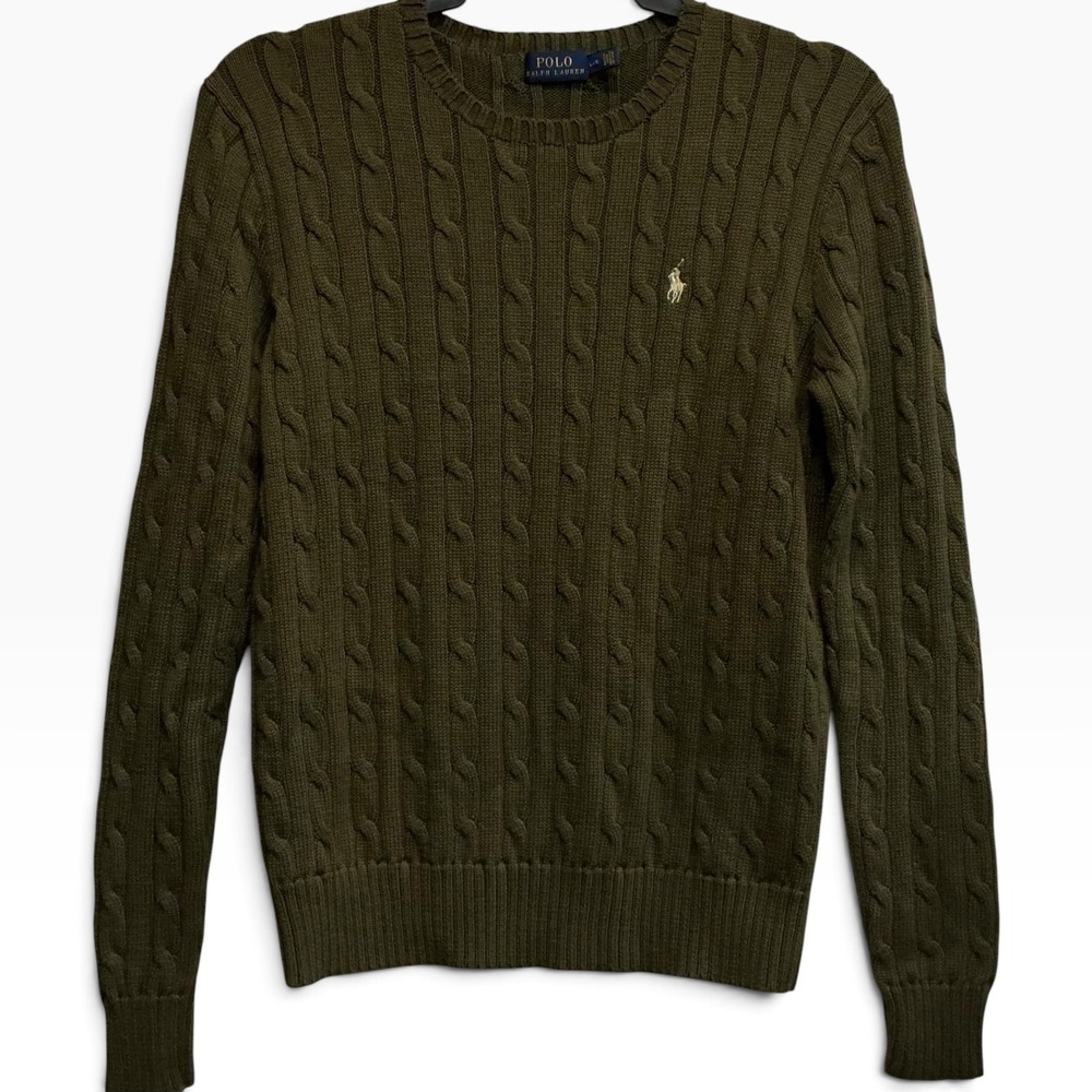 Ralph Lauren Polo Olive Green Cable Knit Sweater Ivory Pony Cotton Womens Large